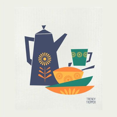Coffee Clutch - Blue/Orange on Natural Swedish Dishcloth