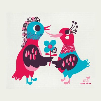 Helen Dardik Love Birds on Natural Swedish Dishcloth