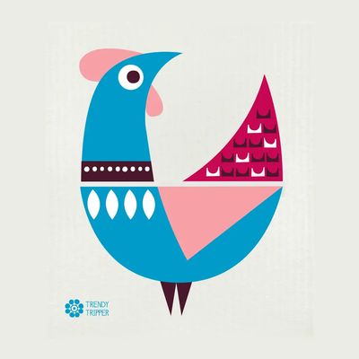 Rooster Modern - Turquoise/Pink on Natural Swedish Dishcloth