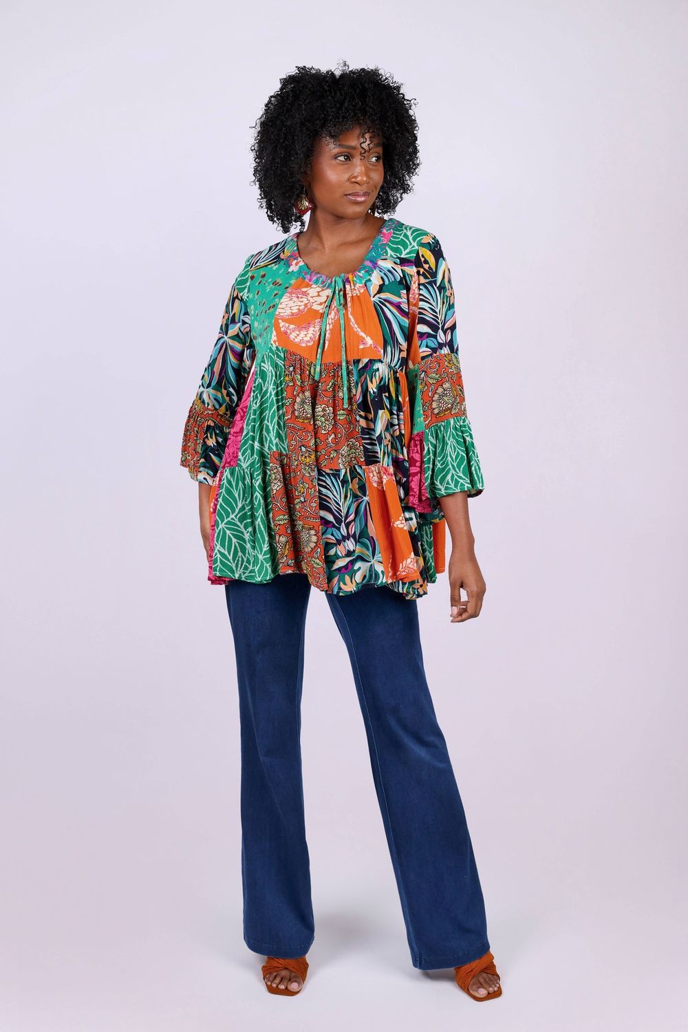 3/4 Bell Sleeve Women'sTop: Wildflower Patchwork, Color: Multi, Size: S/M