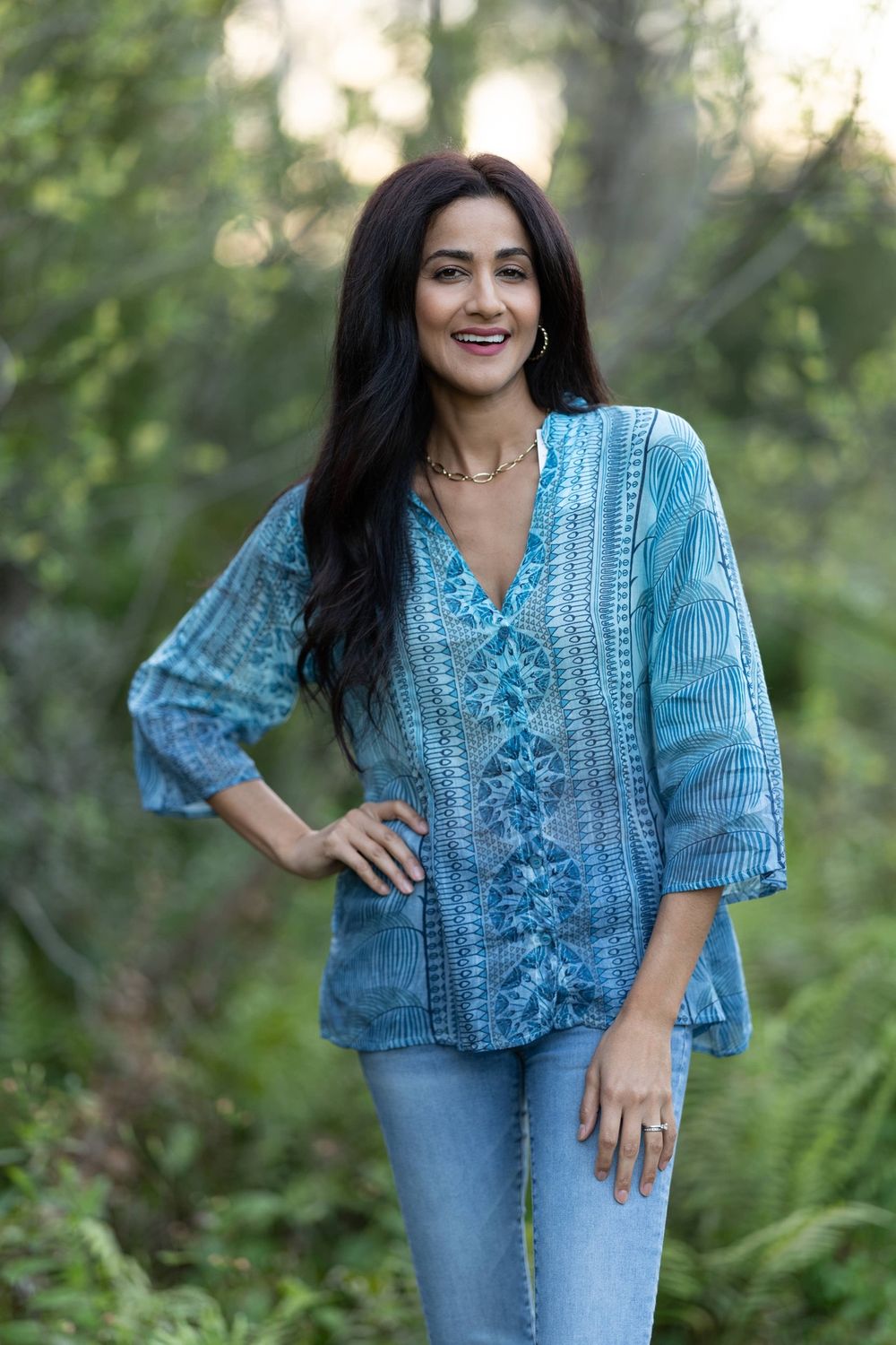 3/4 Sleeve Blue Boho Women's Shirt, Color: Blue, Size: S/M