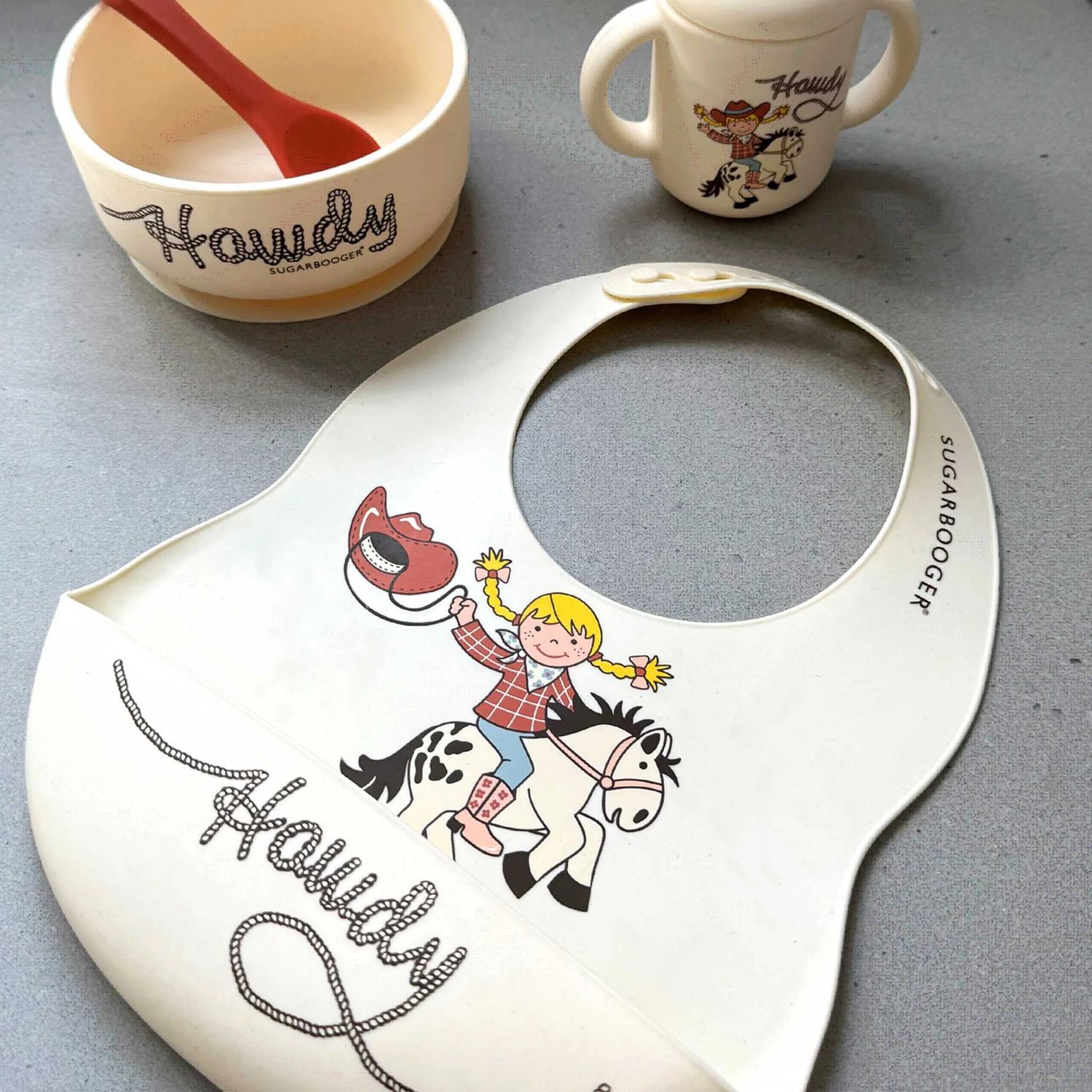 Sugarbooger Fresh &amp; Messy Bib &amp; Spoon Set-Howdy Cowgirl