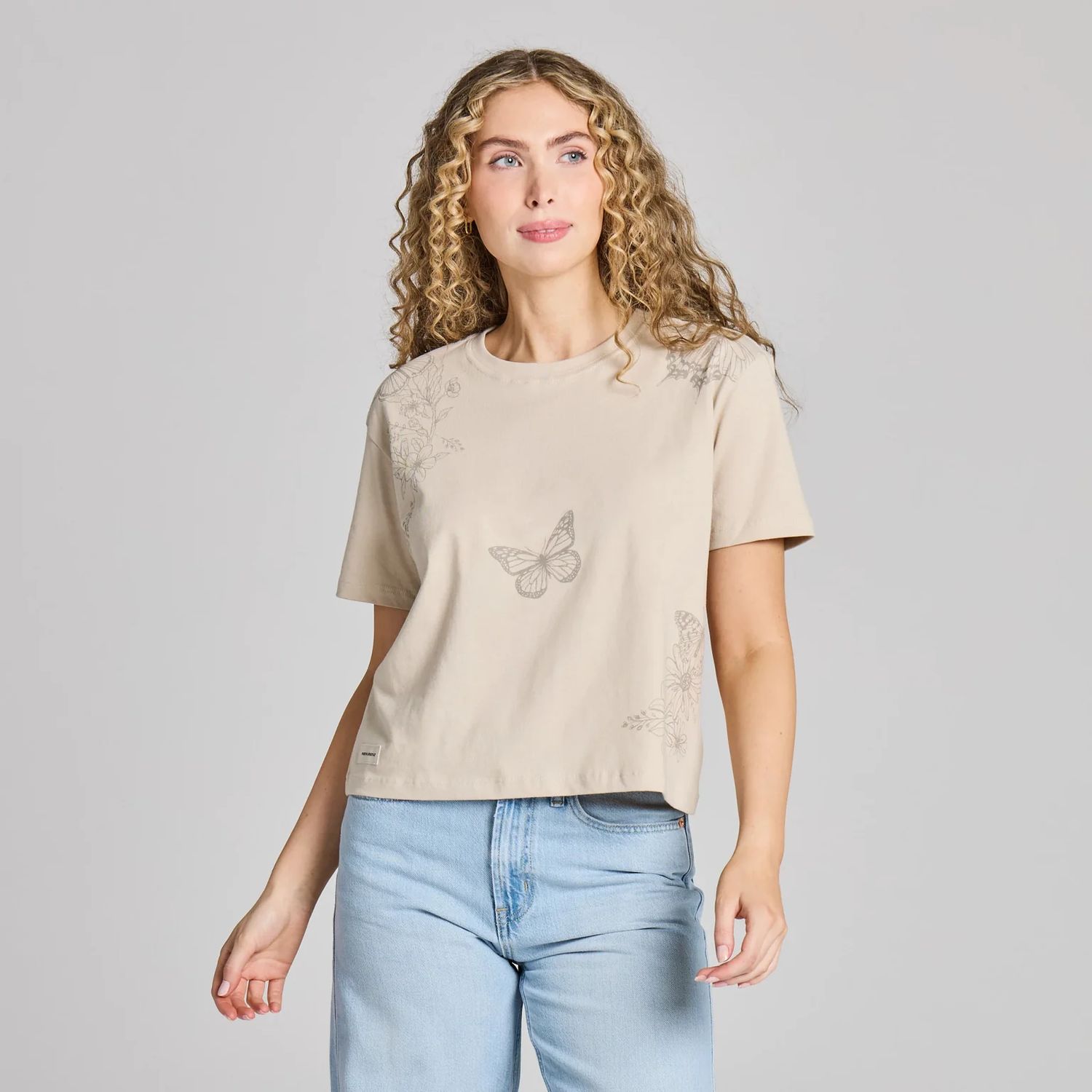 Life is Good Women's Botanical Butterfly Short Sleeve Crusher Boxy Tee, Color: Birch White, Size: Small