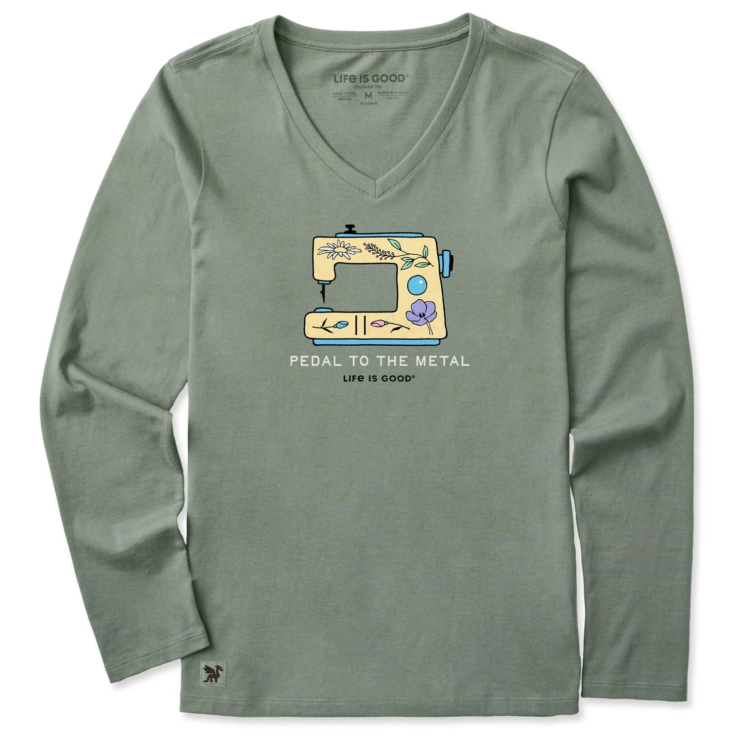 Life is Good Women's Pedal To The Medal Floral Sewing Long Sleeve Crusher-Lite Vee, Color: Moss Green, Size: Medium