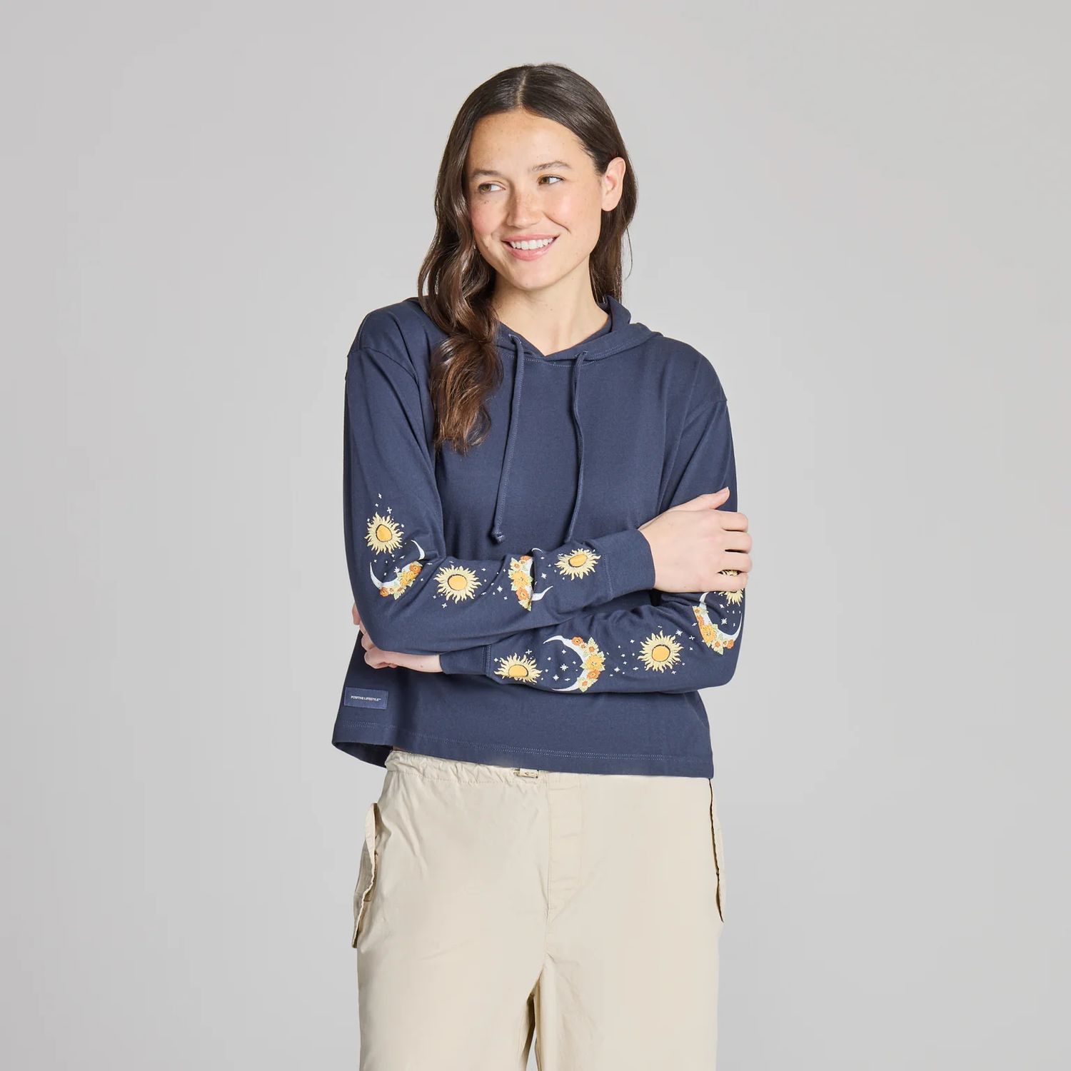 Life is Good Women's Autumn Celestial Moon Flowers Crusher Boxy Hoodie, Color: Inkwell Blue, Size: XS