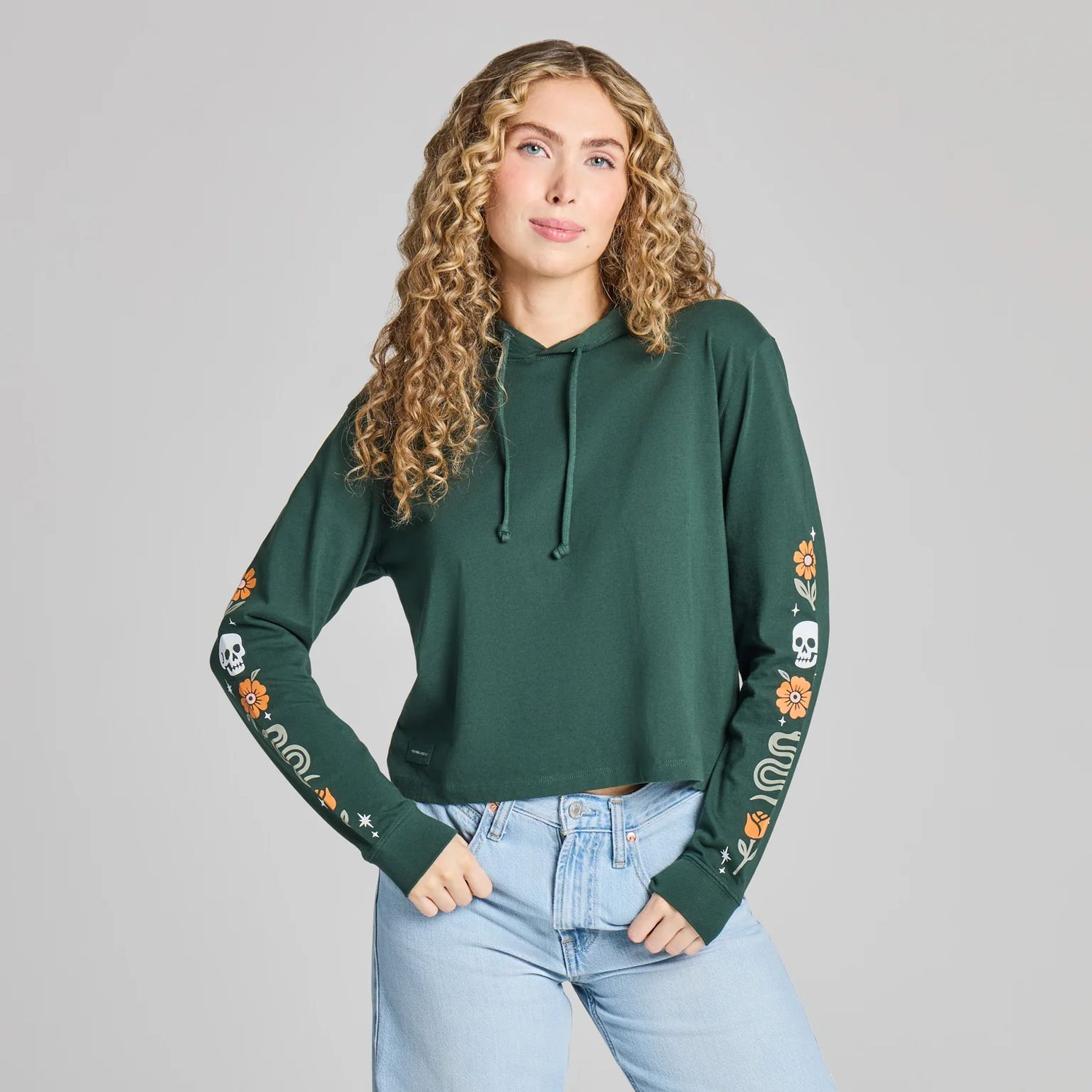 Life is Good Women's Skull &amp; Snake Flowers Crusher Boxy Hoodie, Color: Treeline Green, Size: XS