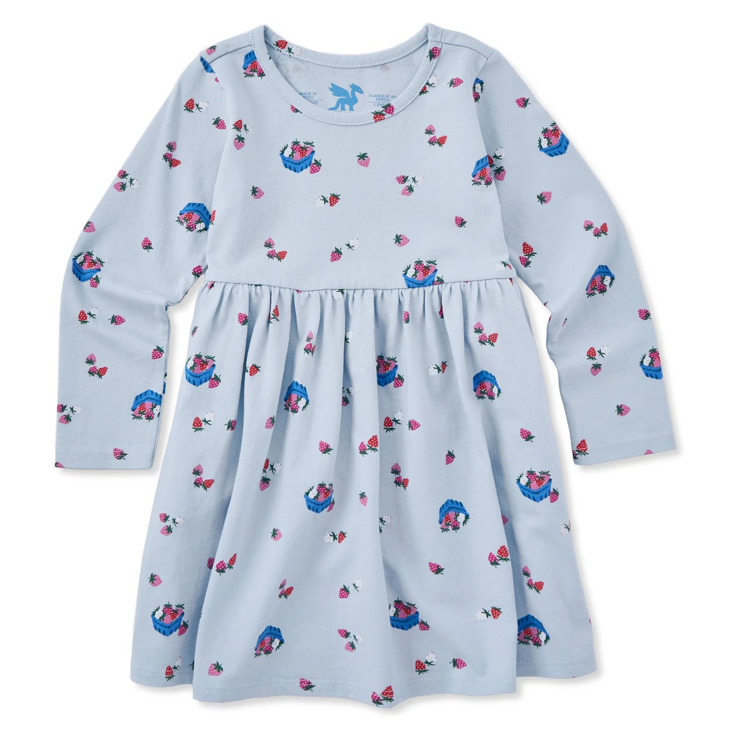 Life is Good Toddler Fresh Strawberry Pattern Long Sleeve Crusher Dress, Color: Glacier Blue, Size: 18M