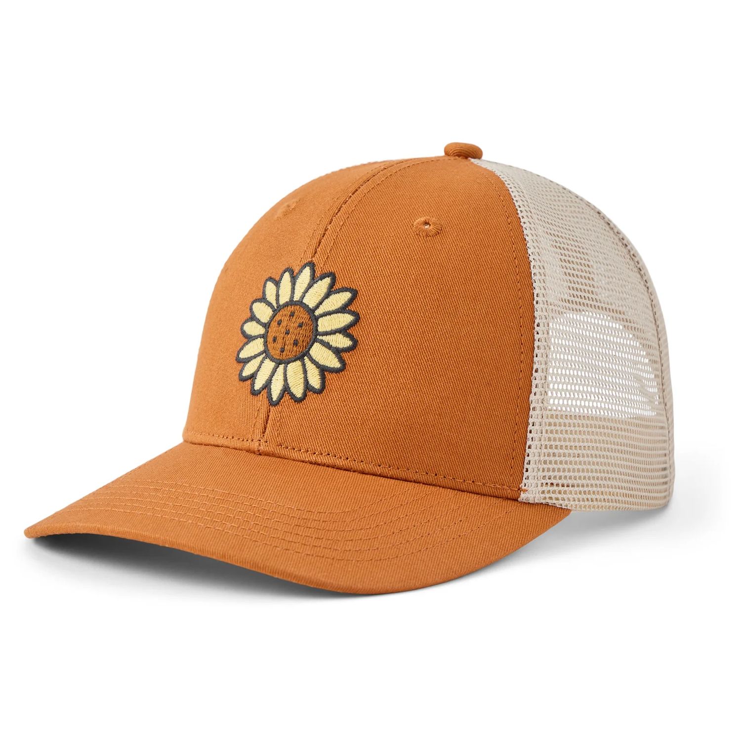 Life is Good Adult Unisex Simple Sunflower Trucker, Color: Copper Brown With Birch White Mesh, Size: OS