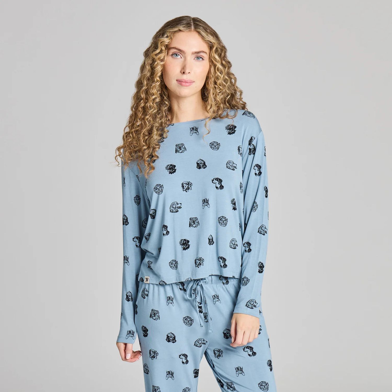 Life is Good Women's Dog Portrait Pattern Long Sleeve Lightweight Boxy Sleep Tee, Color: Slate Blue, Size: XS