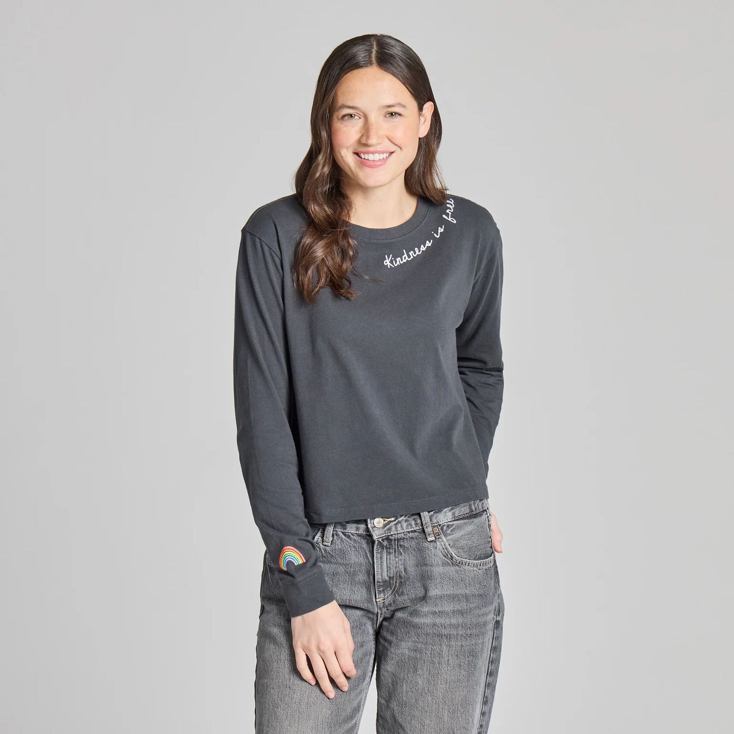 Life is Good Women's Rainbow Long Sleeve Crusher Boxy Tee, Color: Faded Black, Size: XS