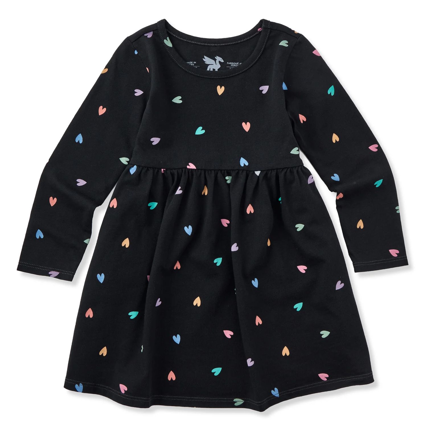 Life is Good Toddler Tossed Heart Pattern Long Sleeve Crusher Dress, Color: True Black, Size: 18M