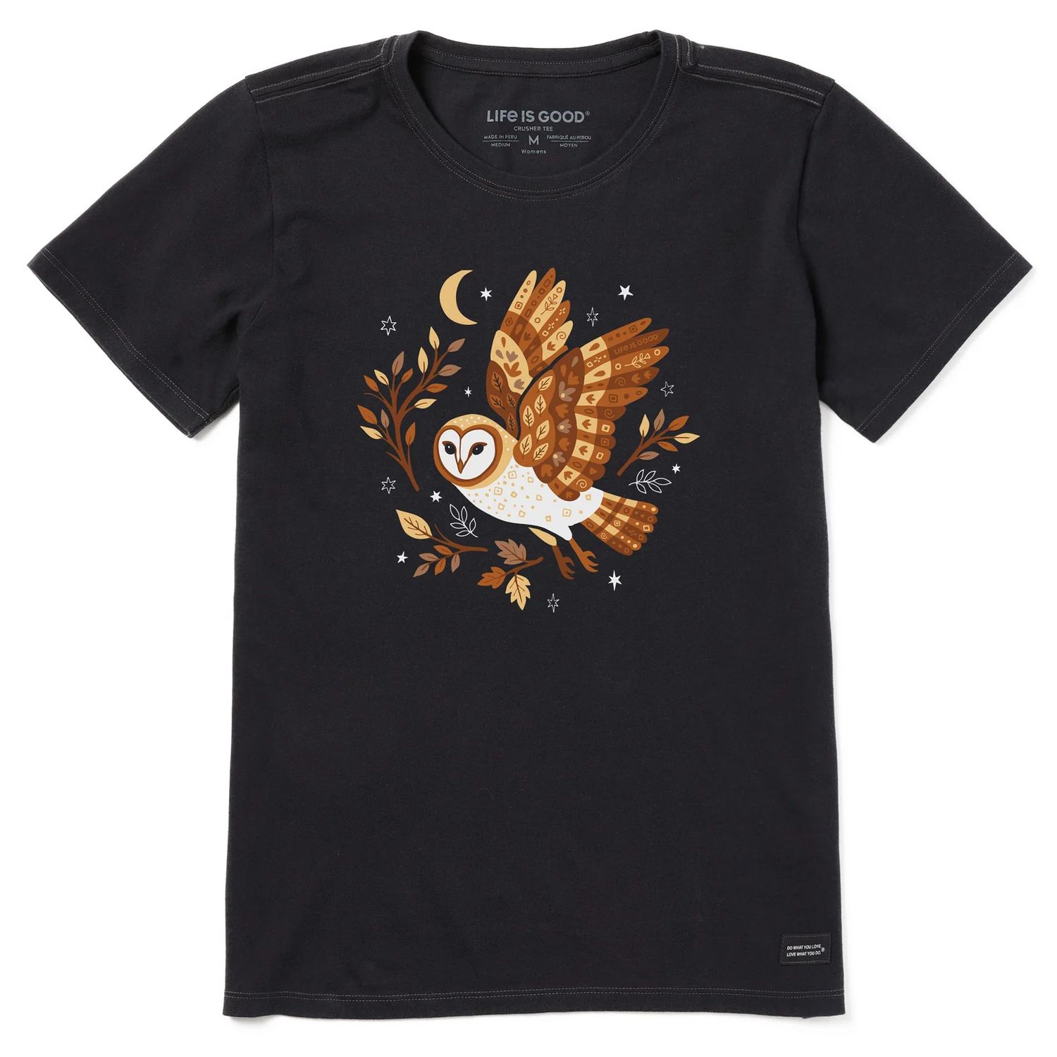 Life is Good Women's Celestial Barn Owl Short Sleeve Crusher Tee, Color: Faded Black, Size: XS