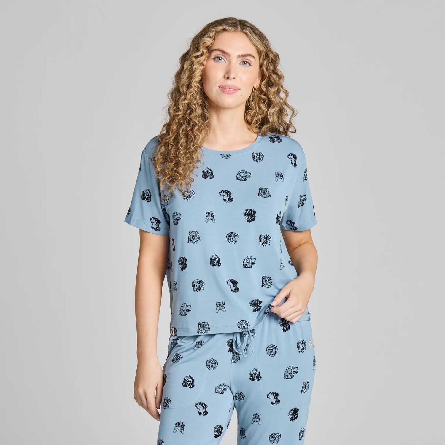 Life is Good Women's Dog Portrait Pattern Lightweight Boxy Sleep Tee, Color: Slate Blue, Size: Small