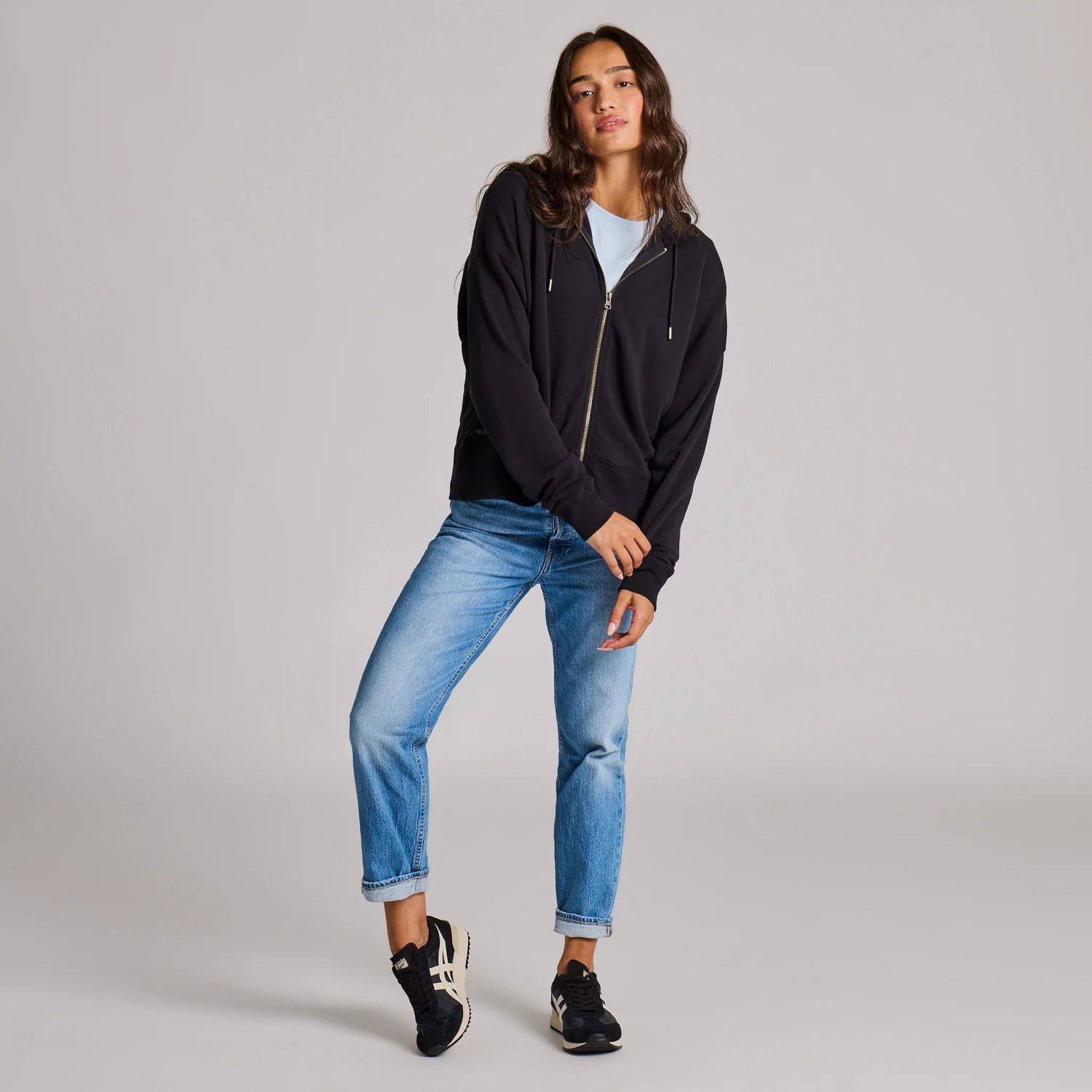 Life is Good Women's Solid French Terry Boxy Full-Zip Hoodie, Color: True Black, Size: XS