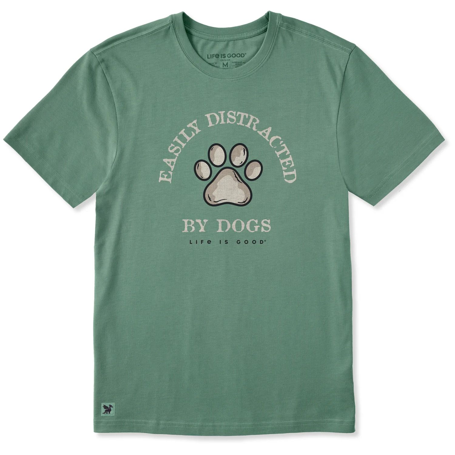 Life is Good Men's Easily Distracted By Dogs Paw Short Sleeve Crusher Tee, Color: Granite Green, Size: Small