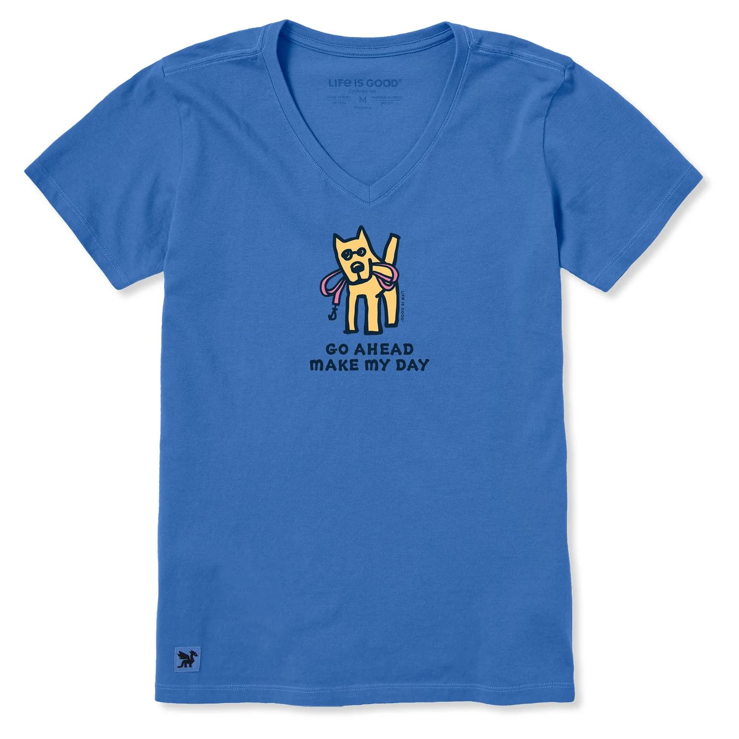 Life is Good Women's Go Ahead Make My Day Short Sleeve Crusher Vee, Color: Athletic Blue, Size: XS