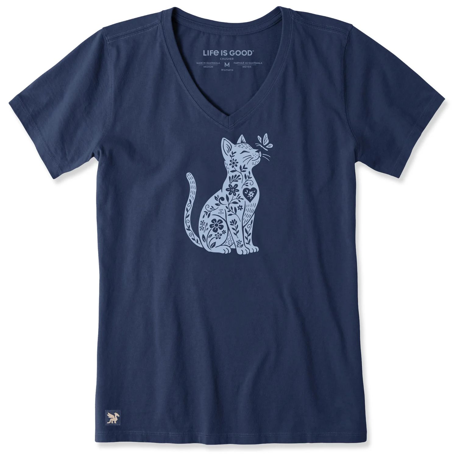 Life is Good Women's Botanicat Short Sleeve Crusher Vee, Color: Darkest Blue, Size: Small