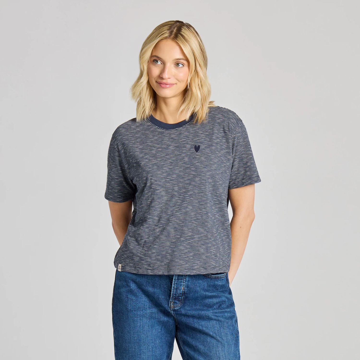 Life is Good Women's Dragon Eye Heart Short Sleeve Striped Slub Boxy Tee, Color: Inkwell Blue, Size: Small