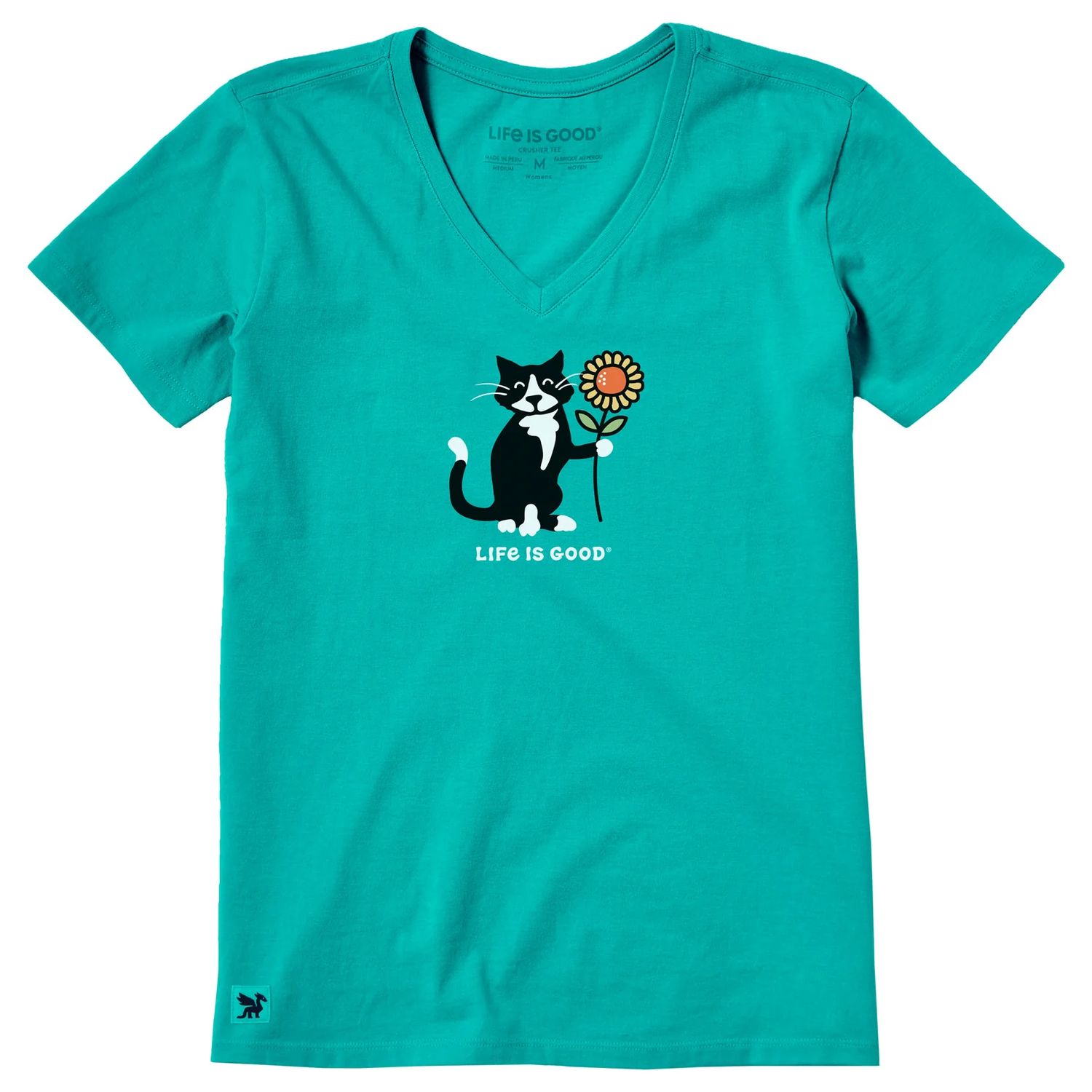 Life is Good Women's Sunflower Cat Short Sleeve Crusher Vee, Color: Turquoise Green, Size: Small