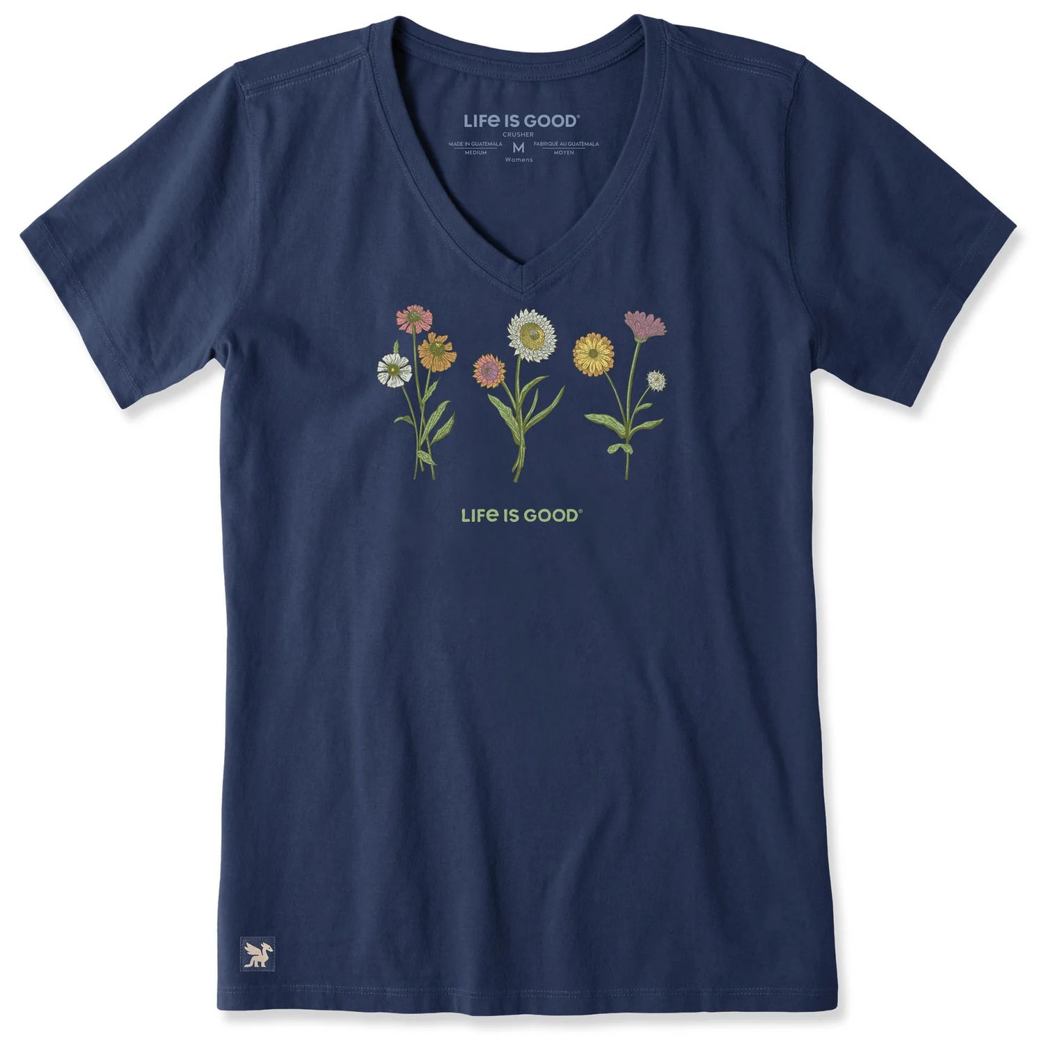Life is Good Women's Fall Botanical Flowers Short Sleeve Crusher Vee, Color: Darkest Blue, Size: Large