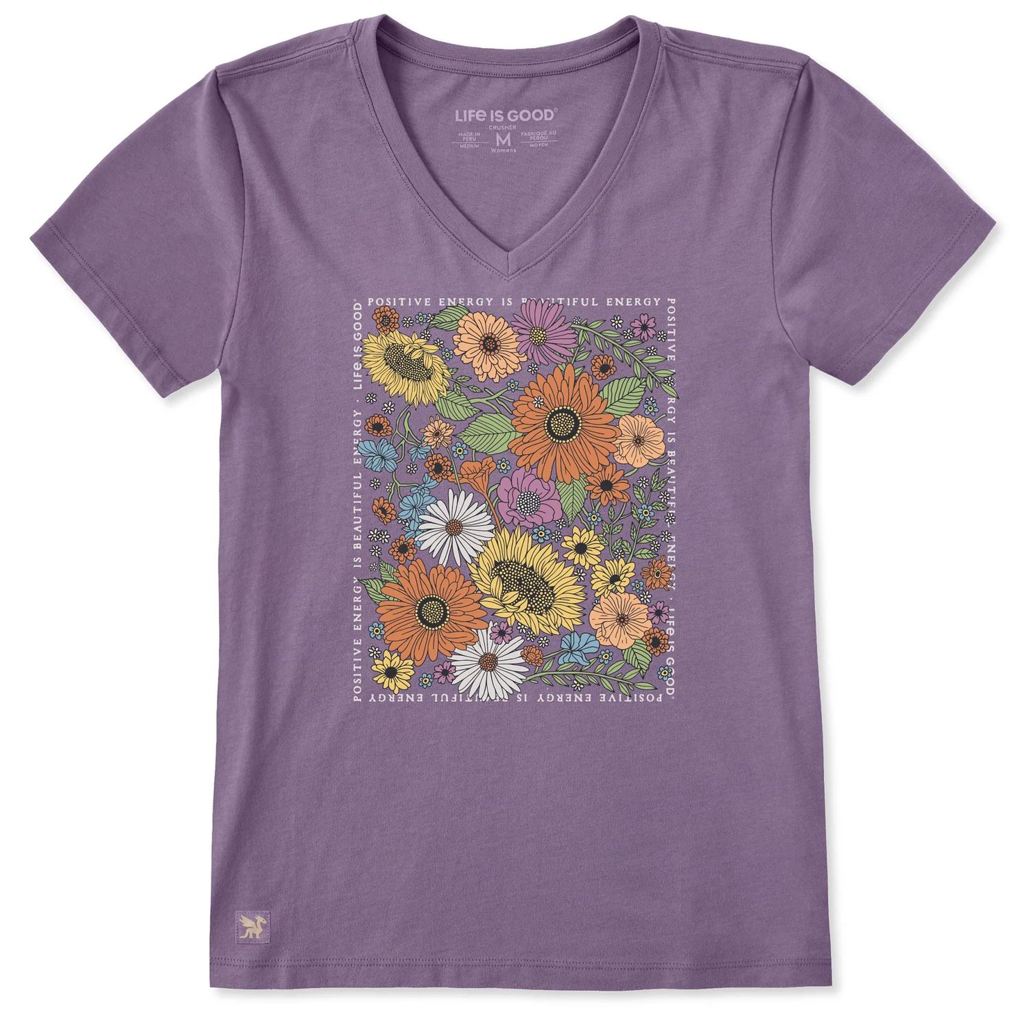 Life is Good Women's Wildflowers Beautiful Energy Short Sleeve Crusher Vee, Color: Dusk Purple, Size: Small