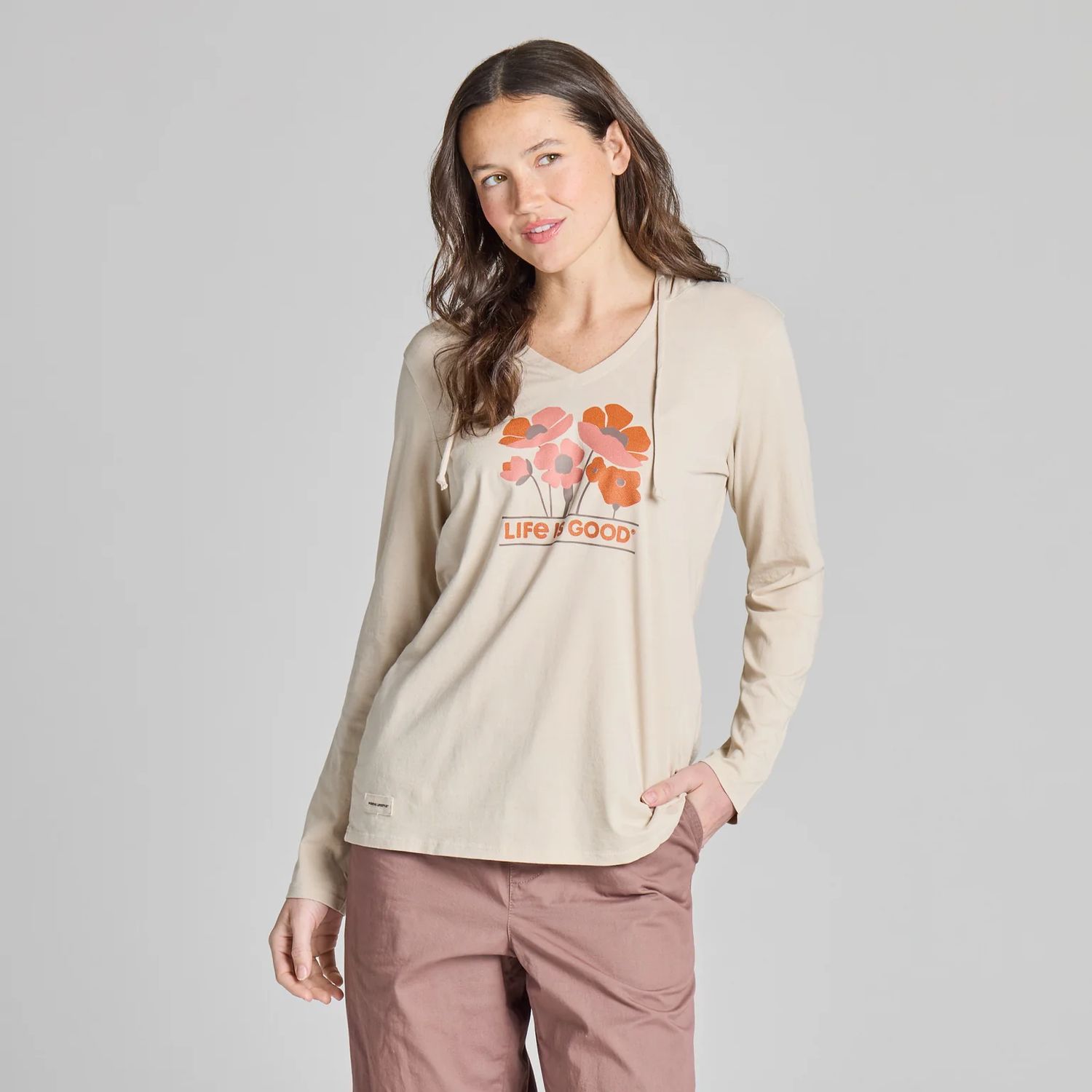 Life is Good Women's Poppy Field Long Sleeve Crusher-Lite Hooded Tee, Color: Birch White, Size: Small