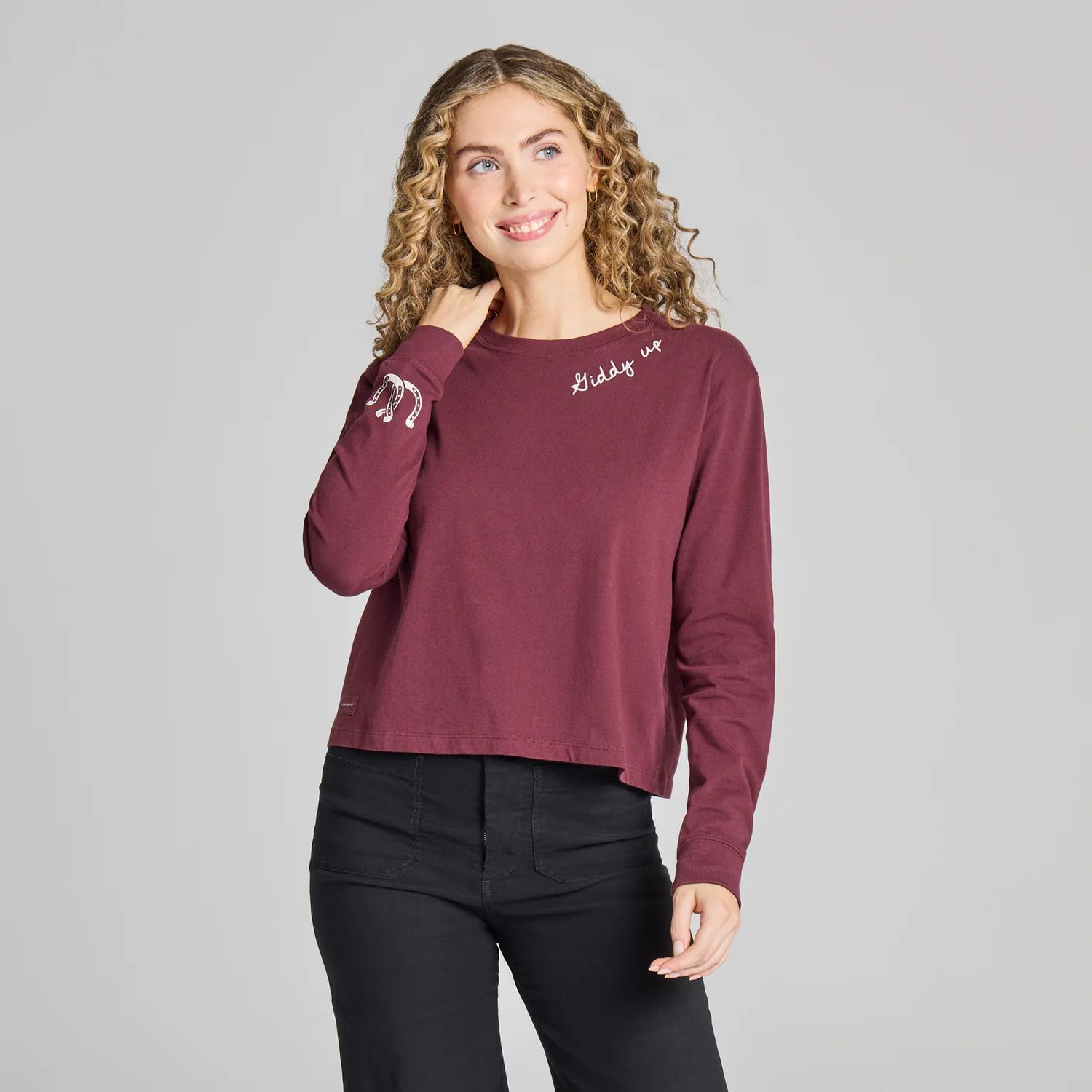 Life is Good Women's Double Horseshoe Long Sleeve Crusher Boxy Tee, Color: Deep Burgundy, Size: XS
