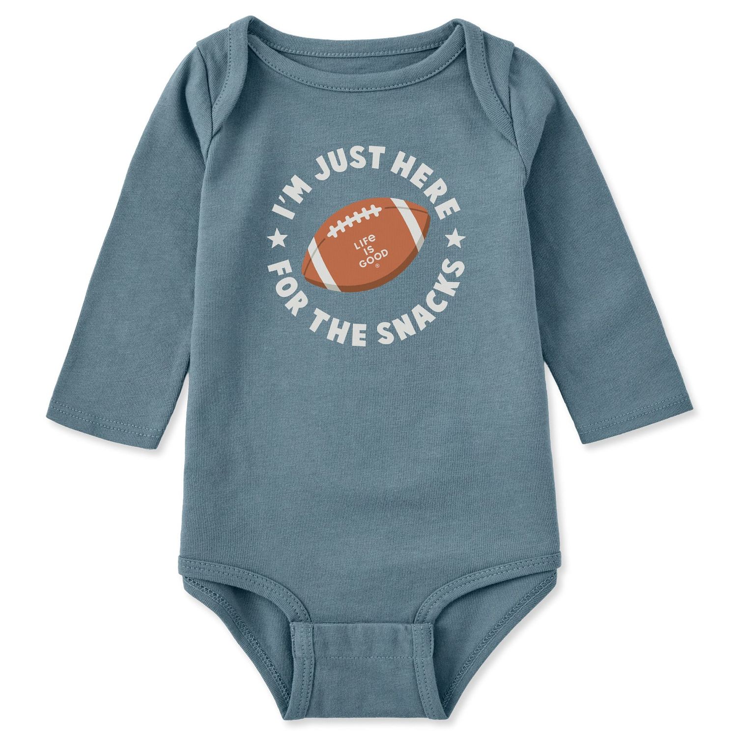 Life is Good Infant Just Here For The Snacks Football Long Sleeve Crusher Baby Bodysuit, Color: Slate Blue, Size: 0-3