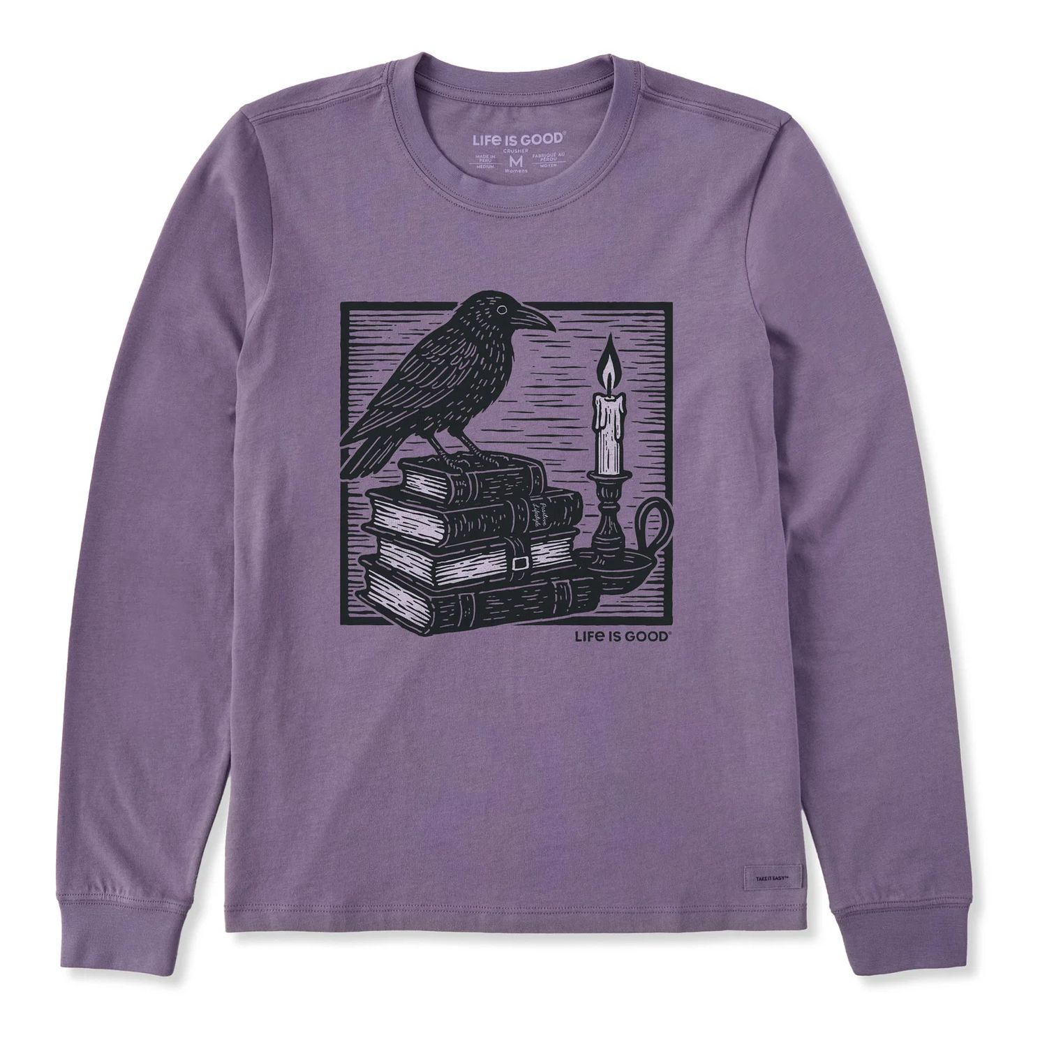 Life is Good Women's Raven And Books Long Sleeve Crusher Tee, Color: Dusk Purple, Size: Small