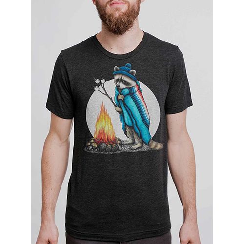 Curbside Clothing Men's Unisex Tee, Roasting Raccoon, Color: Heather Black, Size: XS