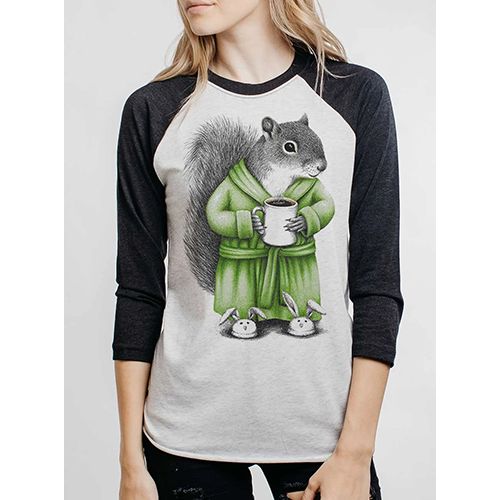 Curbside Clothing Women's Raglan 3/4 Sleeve Top, Coffee Squirrel, Color: Heather White&amp;Black, Size: XS