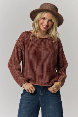 Rolled Hem Textured Knit Women's Sweater Pullover