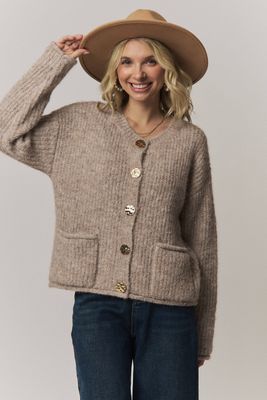 Chic Textured Gold Button Knit Women's Cardigan