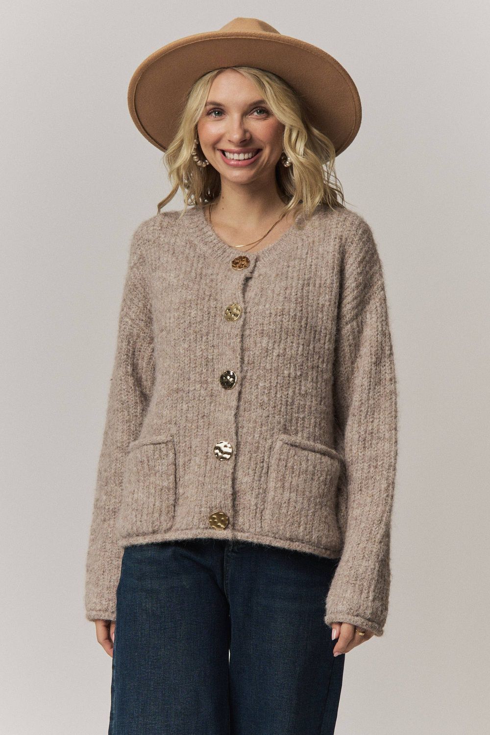 Chic Textured Gold Button Knit Women's Cardigan, Color: CHOCOLATE BAR, Size: Small