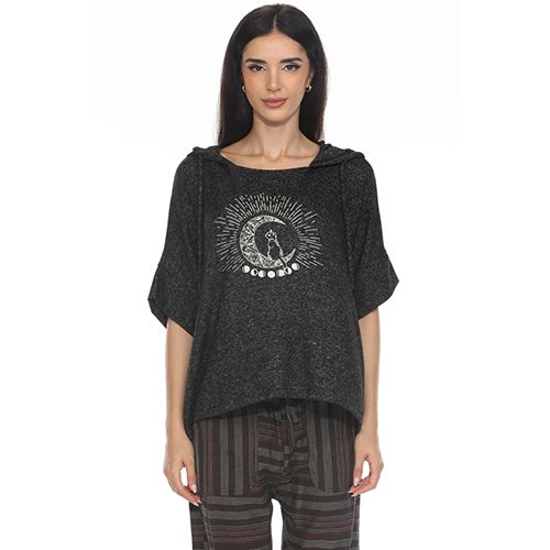 Lakhays Lunar Cat Oversize Soft Short Sleeve Sweater Hoodie, Color: Black, Size: S/M