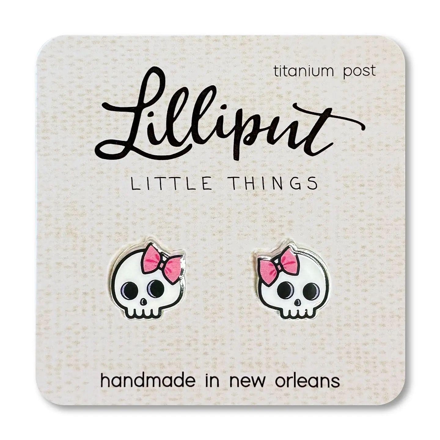 Lilliput Cute Skull w/Pink Bow Earrings