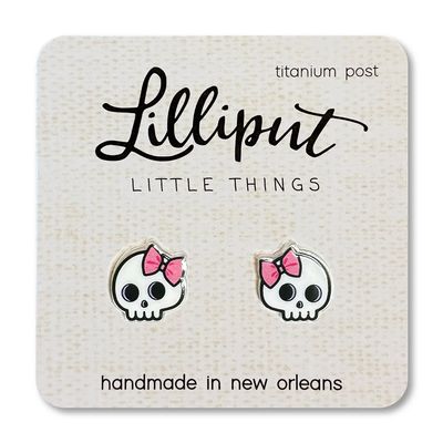 Lilliput Cute Skull w/Pink Bow Earrings