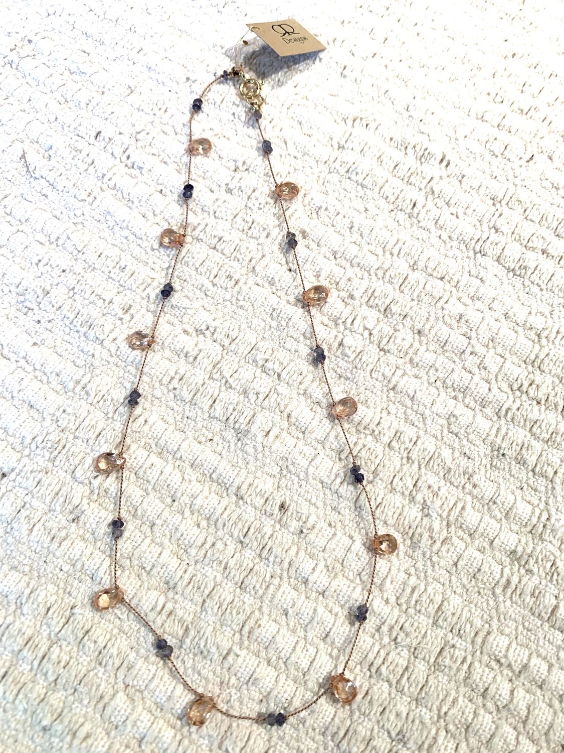RRN1 Beige Swarovski, iolite with silk/nylon cord
