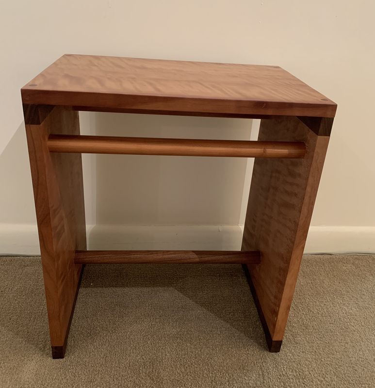 Ulm Stool – quilted Madrone Claro, Black Walnut, Cherry