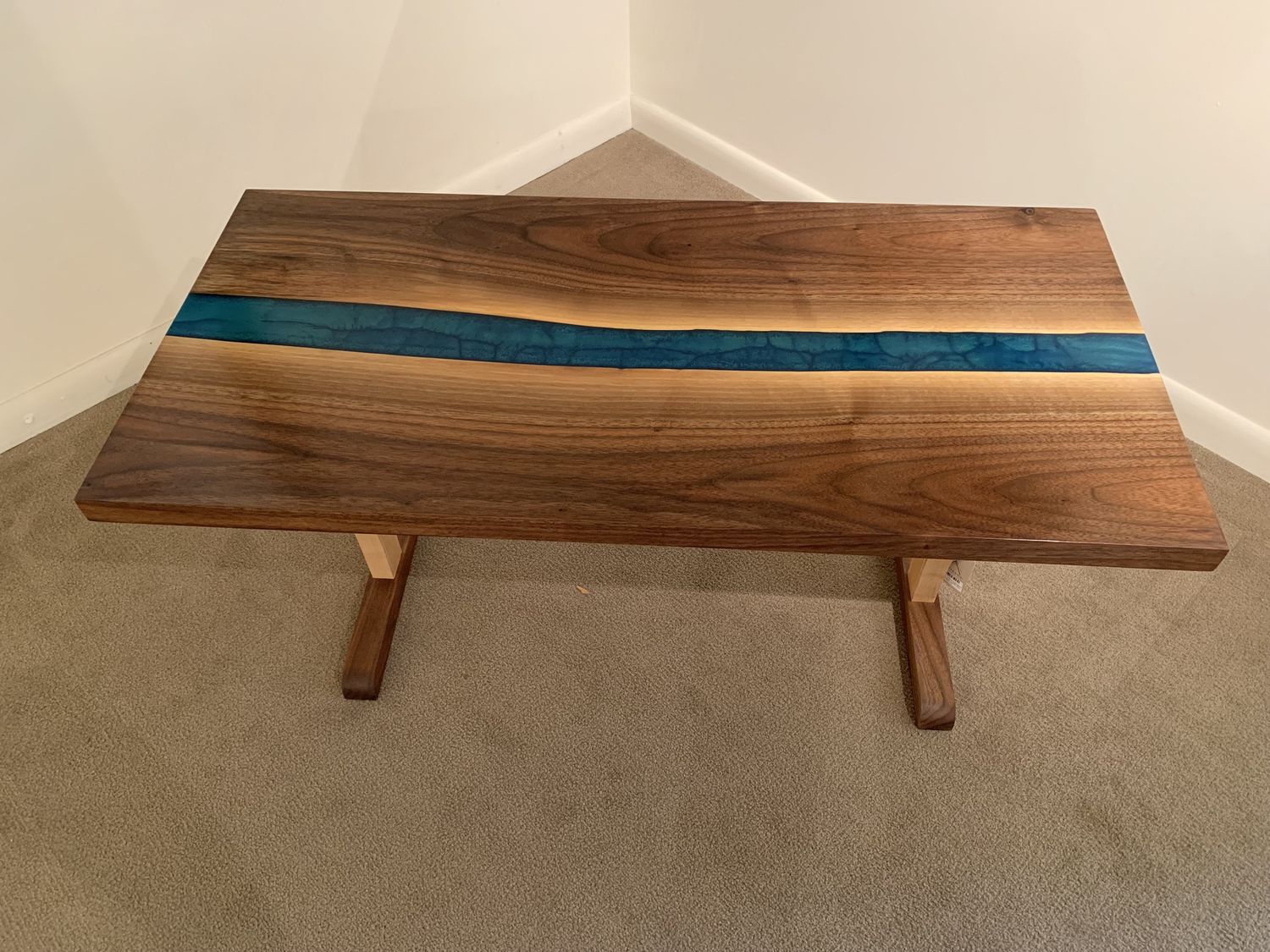 &quot;River&quot; Coffee Table/trestle/black walnut w/ pegged  maple legs