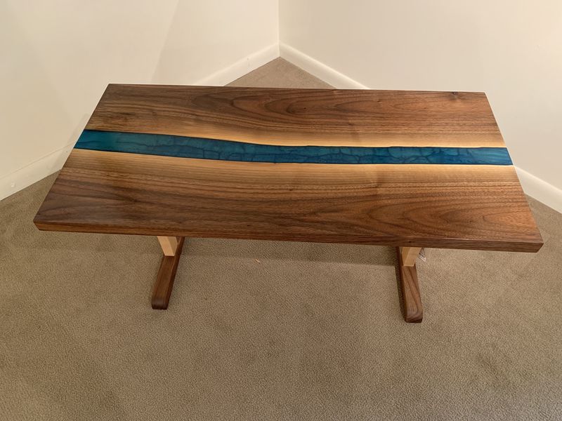 &quot;River&quot; Coffee Table/trestle/black walnut w/ pegged  maple legs