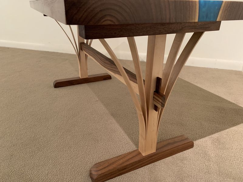 "River" Coffee Table/trestle/black walnut w/ pegged  maple legs