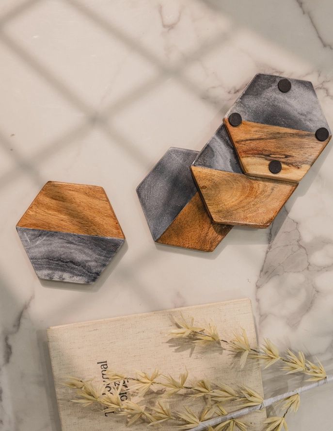 Artisan Coaster - Wood/Marble Hexagonal