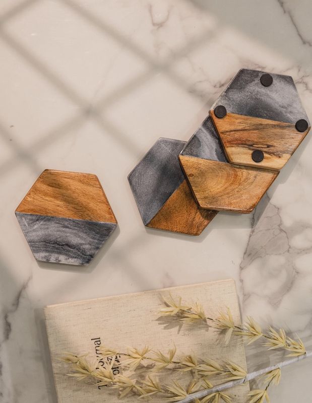 Artisan Coaster - Wood/Marble Hexagonal