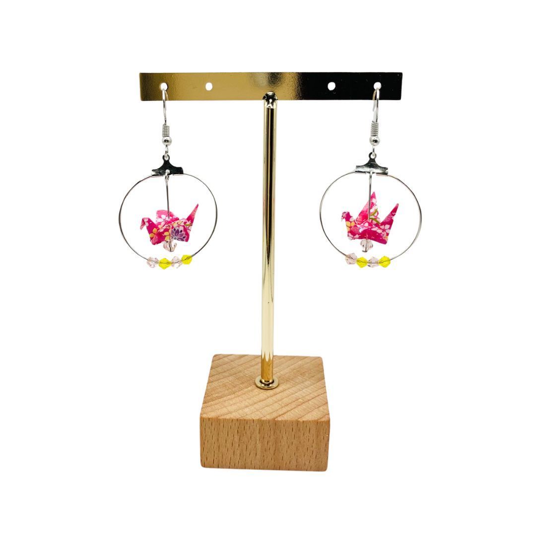 Boucles d'oreilles Origami grue rose