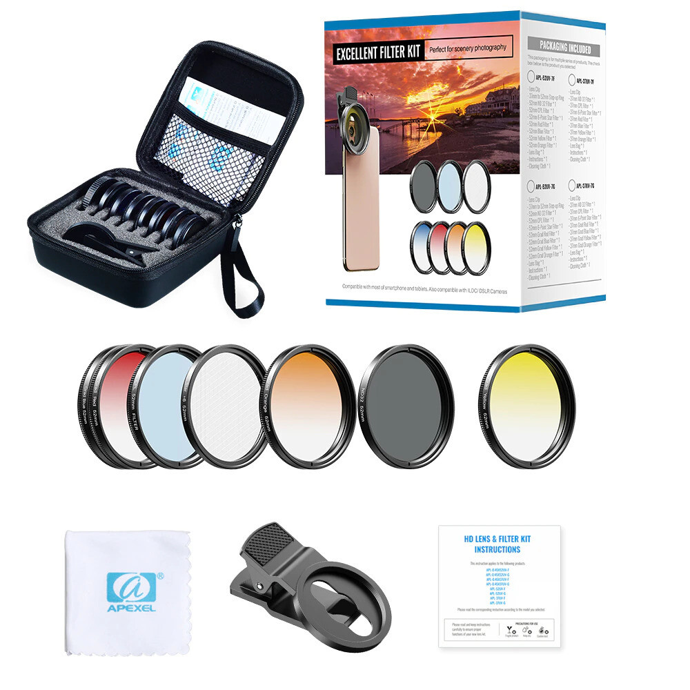 APEXEL 7 in 1 52mm UV Grad Blue + Red + Orange + Yellow Color Filters + CPL + Star + ND32 Filter