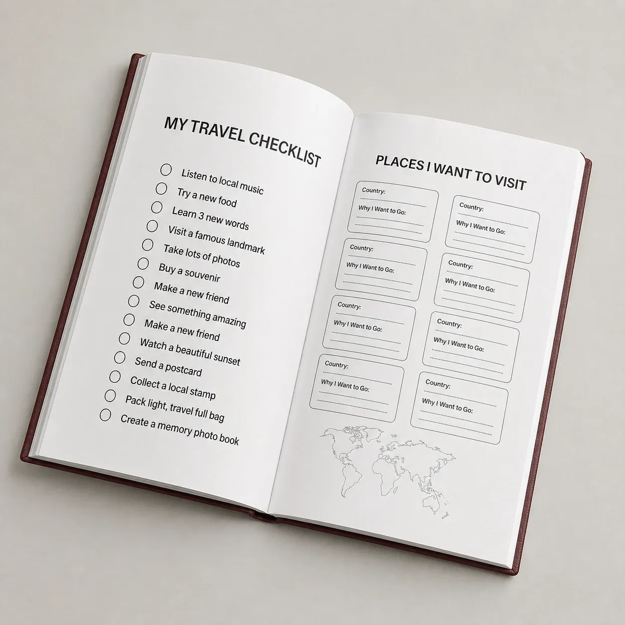 Interior do Passaporte de Viagens com checklist e destinos a visitar