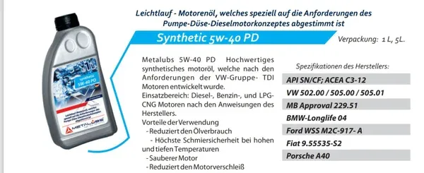 Metalubs Synthetic 5W-40 PD 1l