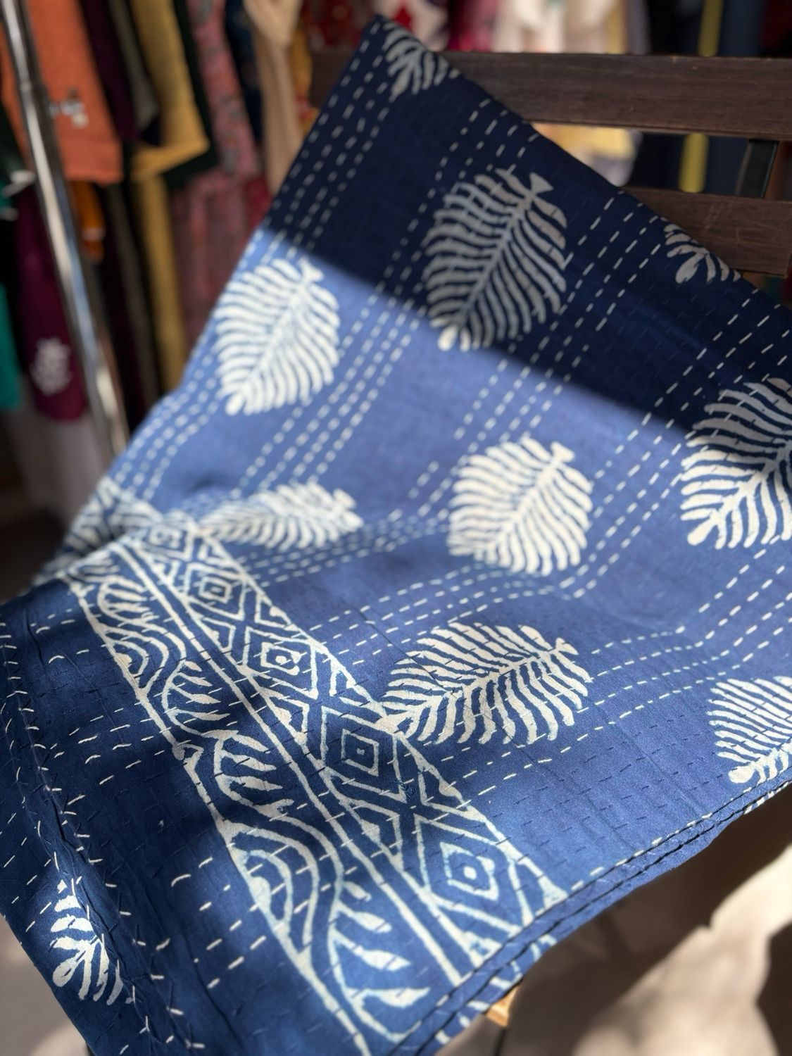 Indigo Hand Block Printed Cotton Kantha Bedspread