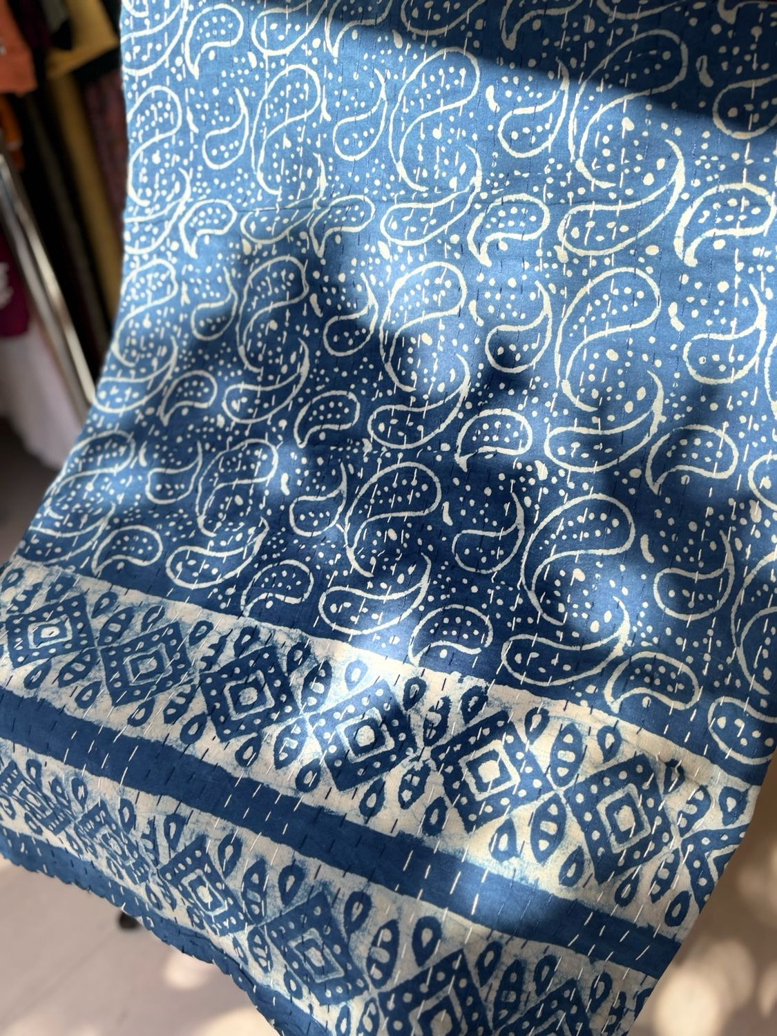 Indigo Hand Block Printed Cotton Kantha Bedspread